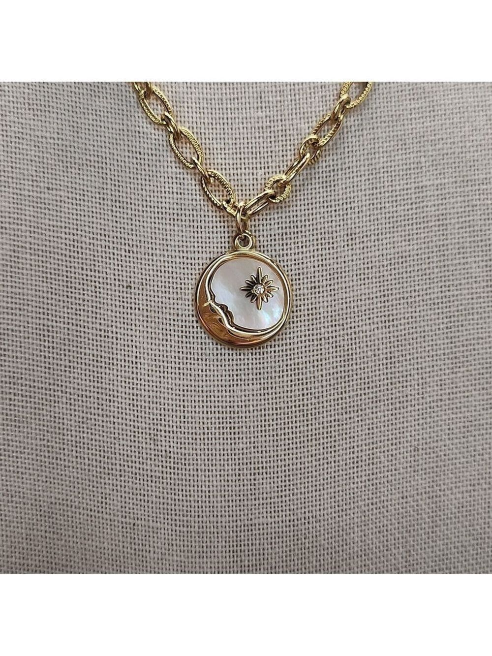 18k Gold Plated Stainless Steel Crescent Moon Pendant Necklace, Mother of Pearl